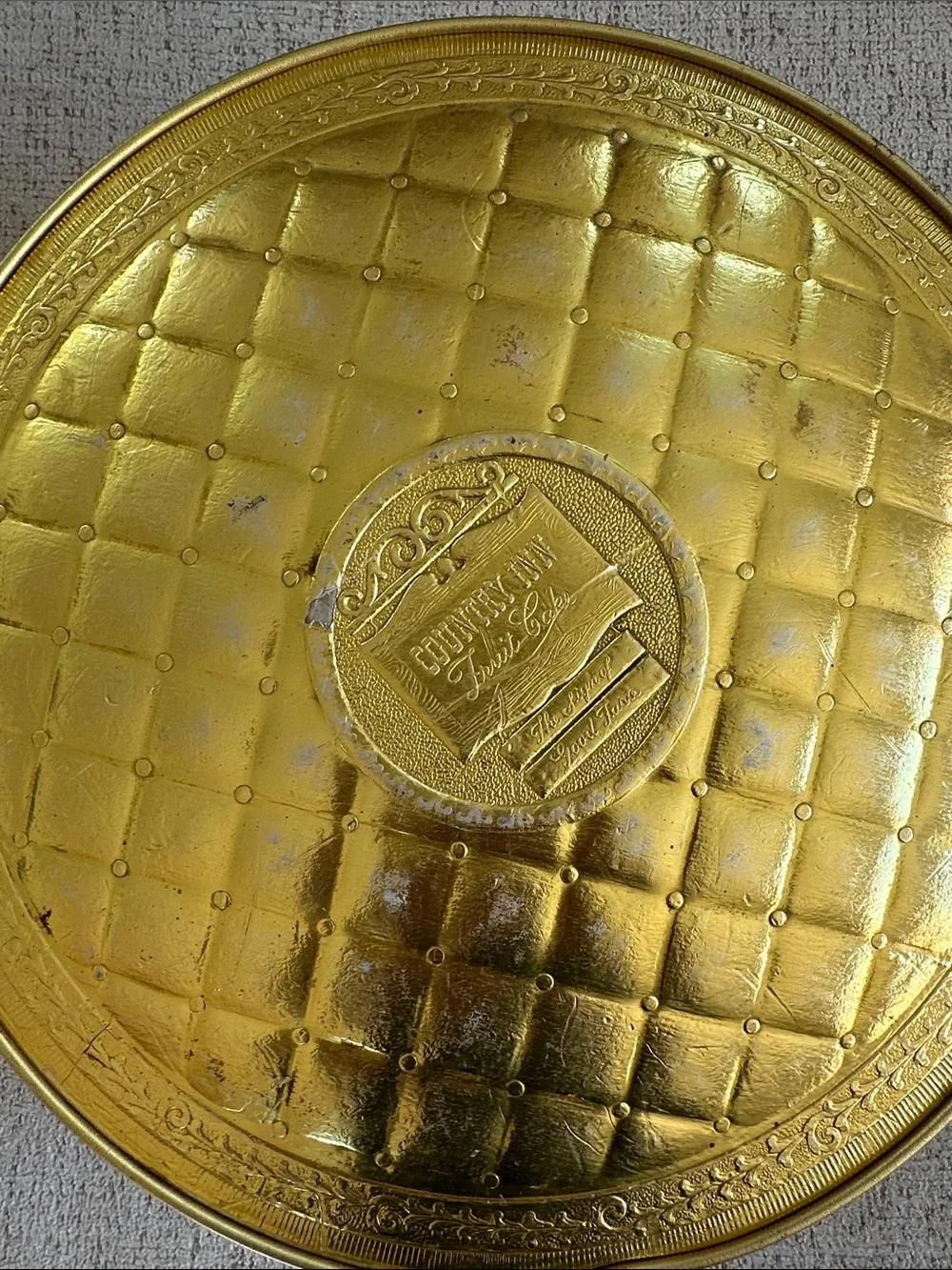 Vintage 1970s Guildcraft Gold Quilted Embossed Country Inn Round Tin - 10”